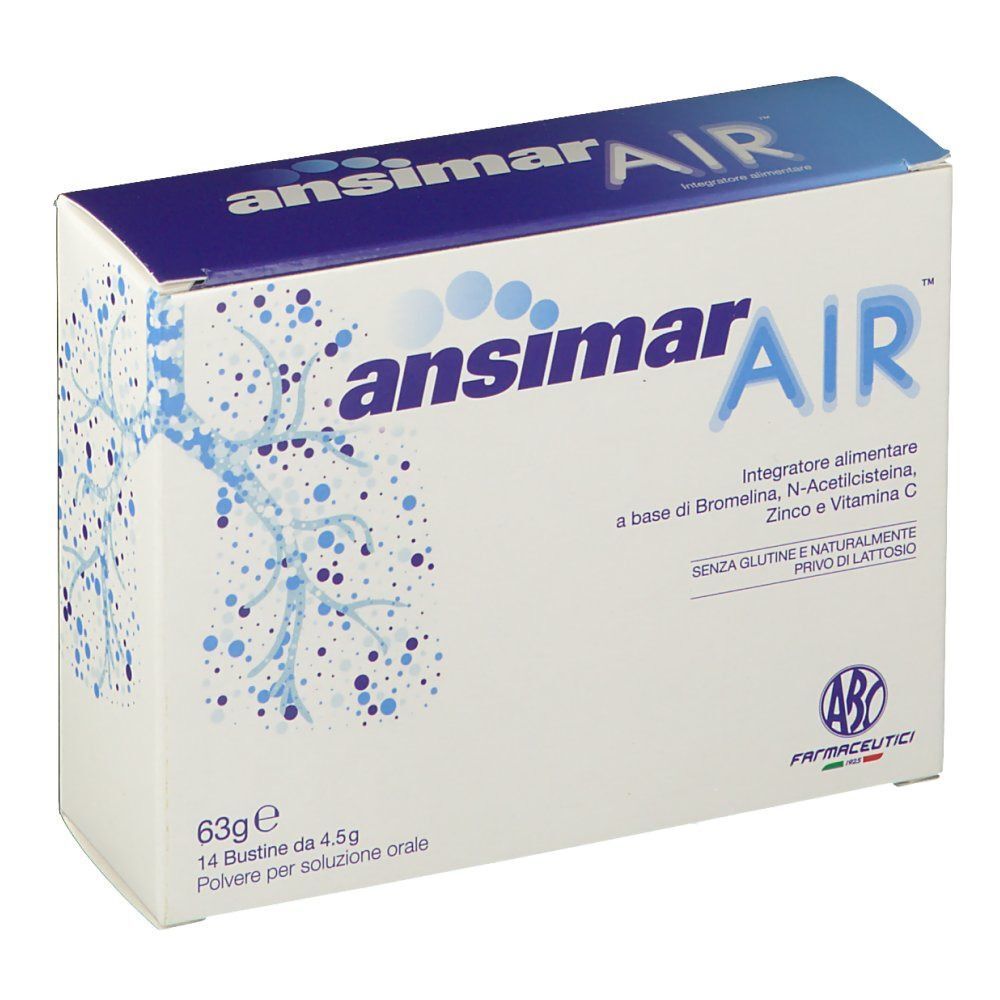 Una confezione di Ansimar AIR, integratore alimentare, con motivo polmonare e 63g.