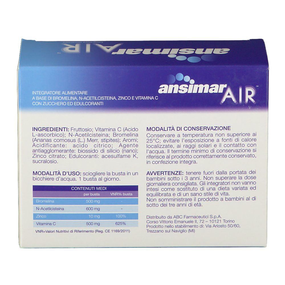 Retro di una confezione di Ansimar AIR polvere per soluzione orale con ingredienti e uso.