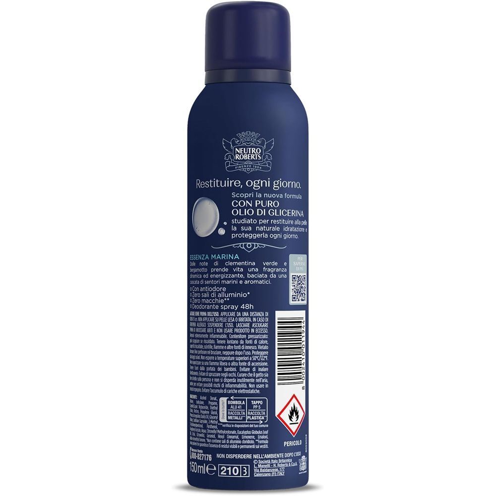 Retro della bomboletta Neutro Roberts Deo Uomo Essenza Marina Spray con informazioni sul prodotto e simboli di avvertenza.