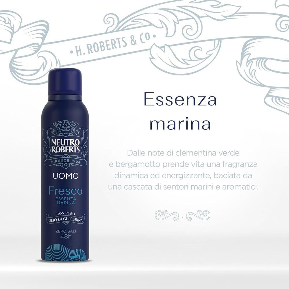 Neutro Roberts Deo Uomo Essenza Marina Spray: Primo piano della bomboletta con scritta 'Essenza Marina'.