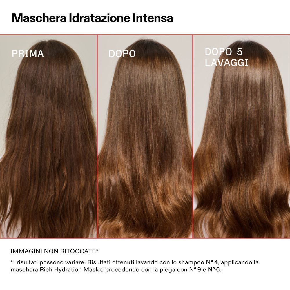 Confronto prima e dopo di capelli ricci trattati con Olaplex Rich Hydration Mask.