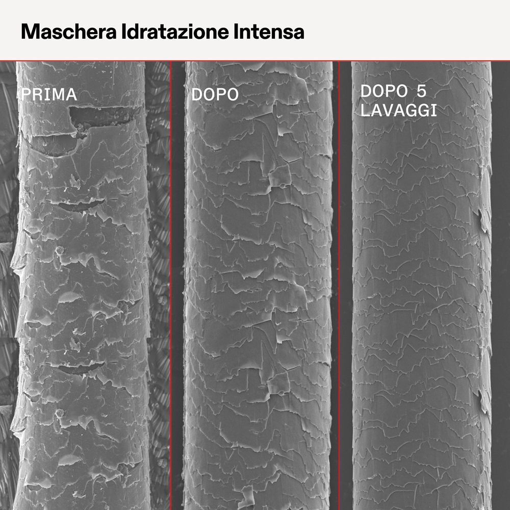 Immagine microscopica elettronica di capelli prima, durante e dopo 5 lavaggi.