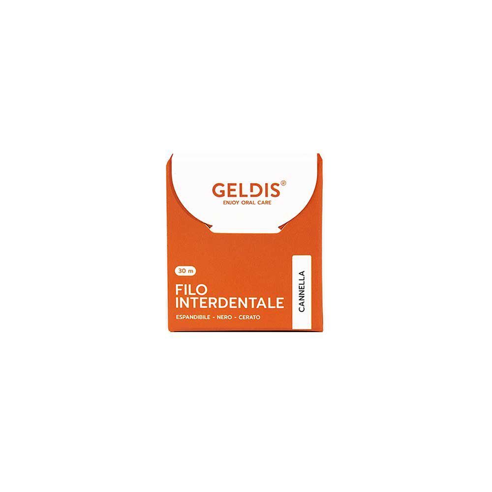 Una confezione di filo interdentale Geldis gusto cannella, packaging arancione con bocca aperta e denti.