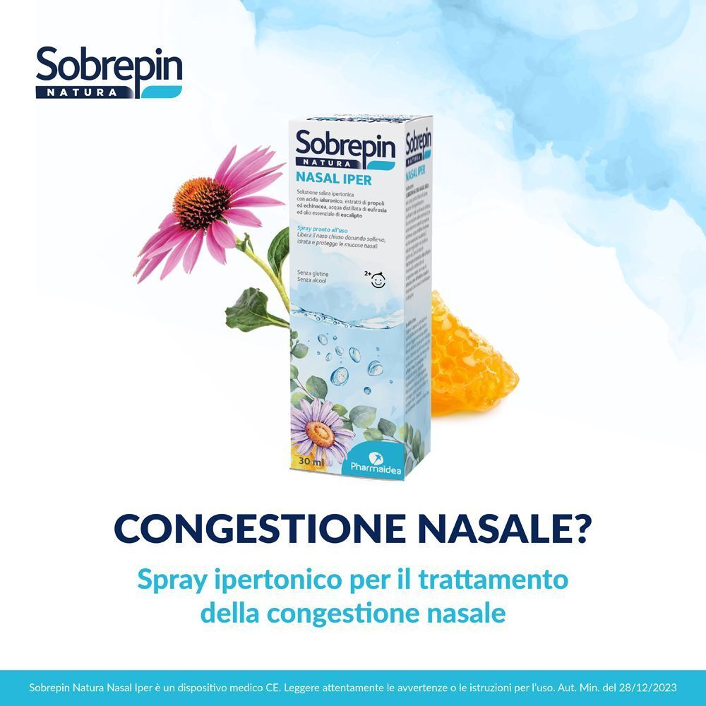 Spray nasale Sobrepin Natura Iper con fiore e arancia. Per la congestione nasale.