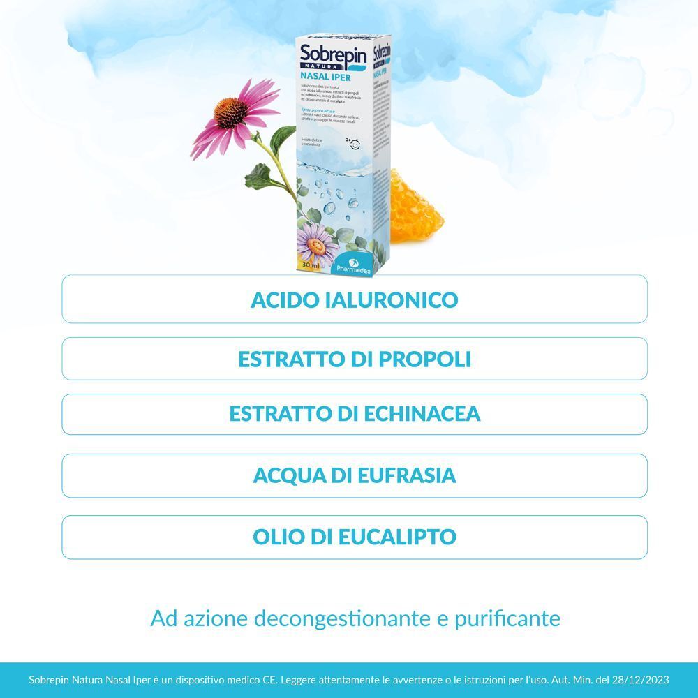 Ingredienti di Sobrepin Natura Nasal Iper: acido ialuronico, propoli, echinacea, eufrasia, eucalipto.