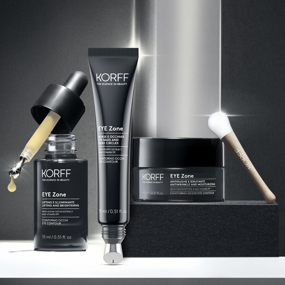 Prodotti KORFF EYE Zone: siero, tubo contorno occhi e vasetto contorno occhi.