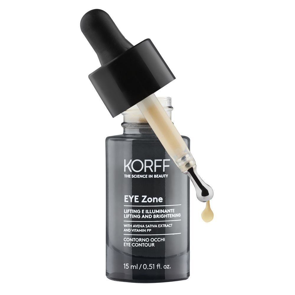 Un flacone KORFF EYE Zone Contorno Occhi Lifting e Illuminante con contagocce, una goccia cade. 15 ml / 0.51 fl. oz.