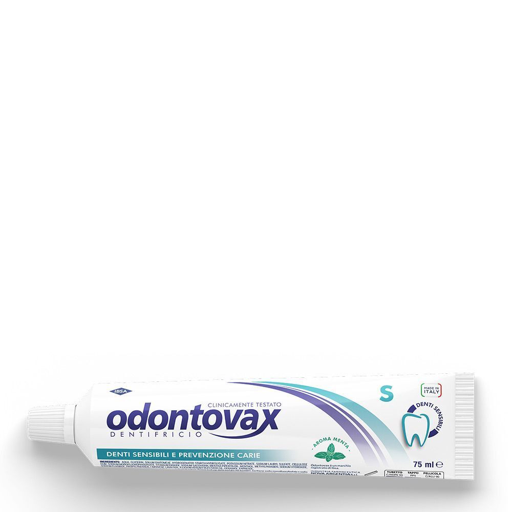 Tubo di dentifricio Odontovax per denti sensibili e prevenzione carie, 75 ml.