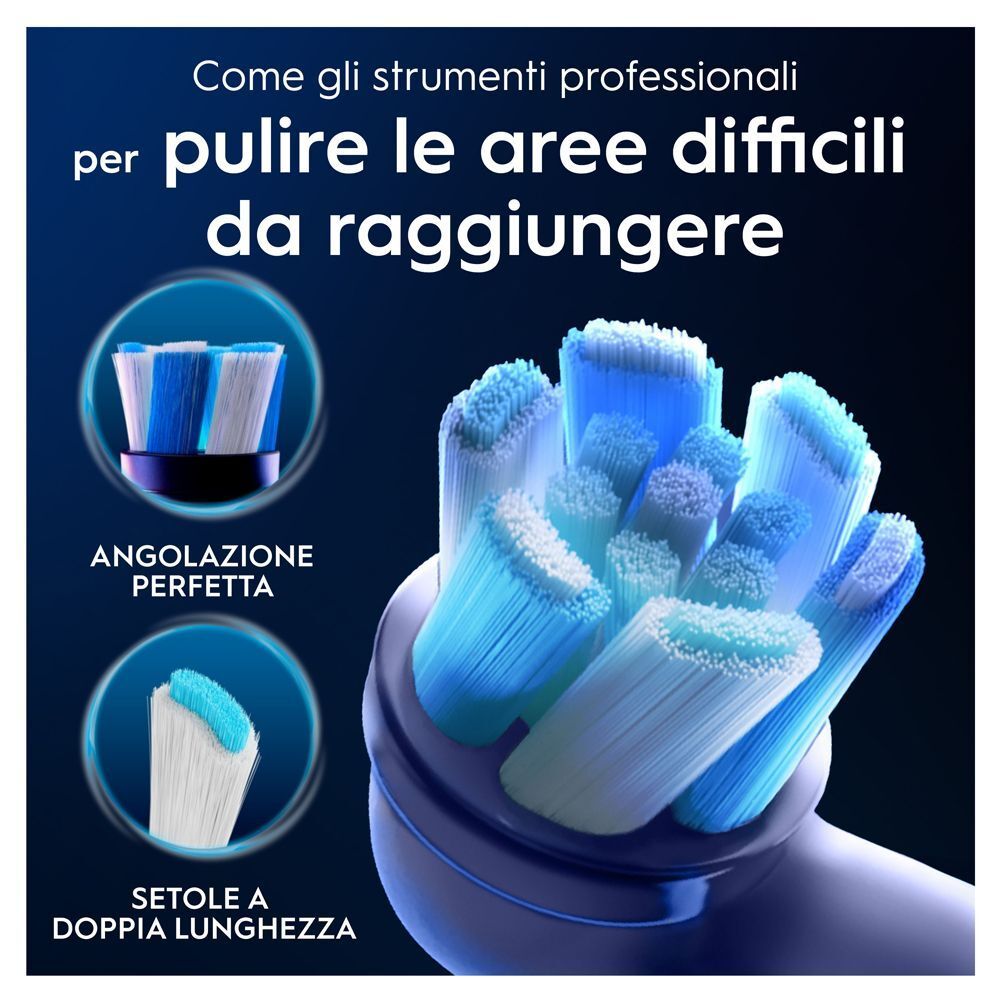 Testine Oral-B iO con setole angolate per aree difficili da raggiungere.