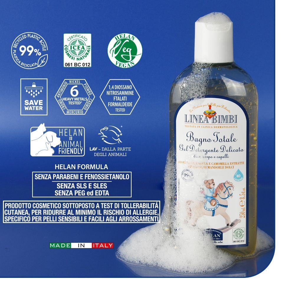 Helan Bagno Totale Bimbi: flacone da 200ml, gel trasparente, con illustrazione di un cavallo a dondolo. Etichetta con "Linea Bimbi" e "Bagno Totale".