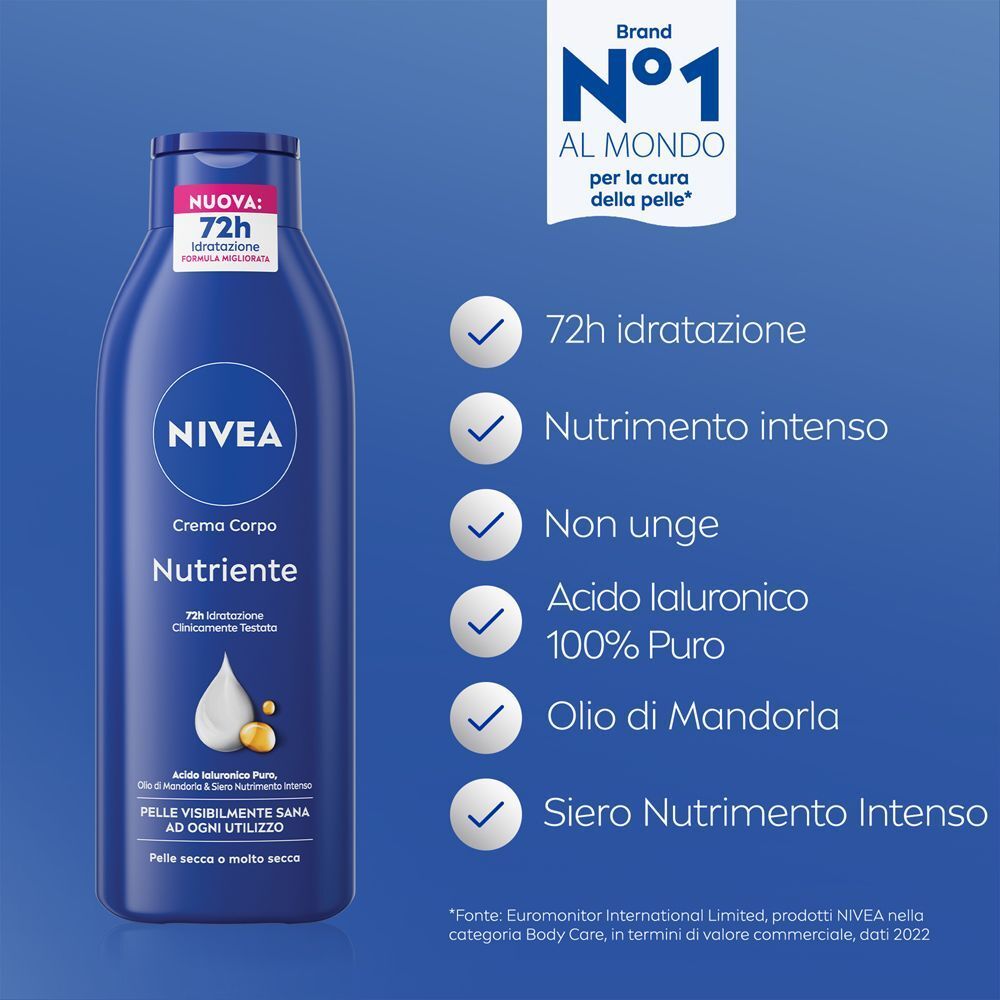 Flacone di Nivea Crema Corpo Nutriente con elenco benefici: 72h idratazione, nutrimento, acido ialuronico.