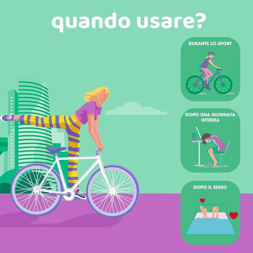 Illustrazioni mostrano l'uso della maschera intima Chilly dopo lo sport o una giornata intensa.