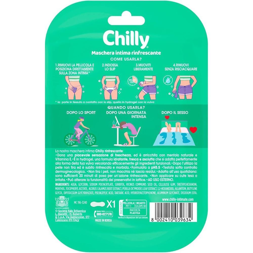 Retro di una confezione di maschera intima Chilly con istruzioni e ingredienti.