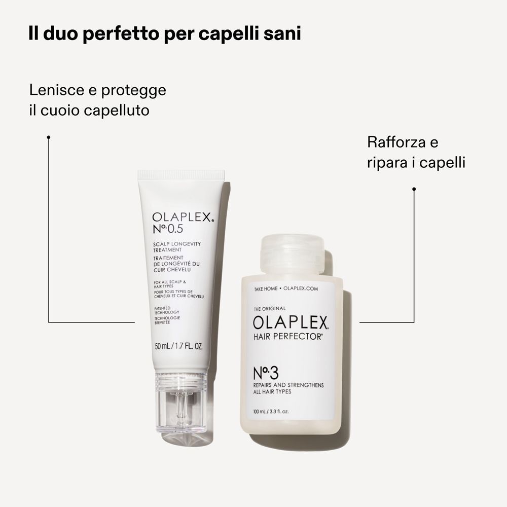 Trattamento Olaplex N°.0.5 Scalp Longevity e Olaplex N°.3 Hair Perfector.