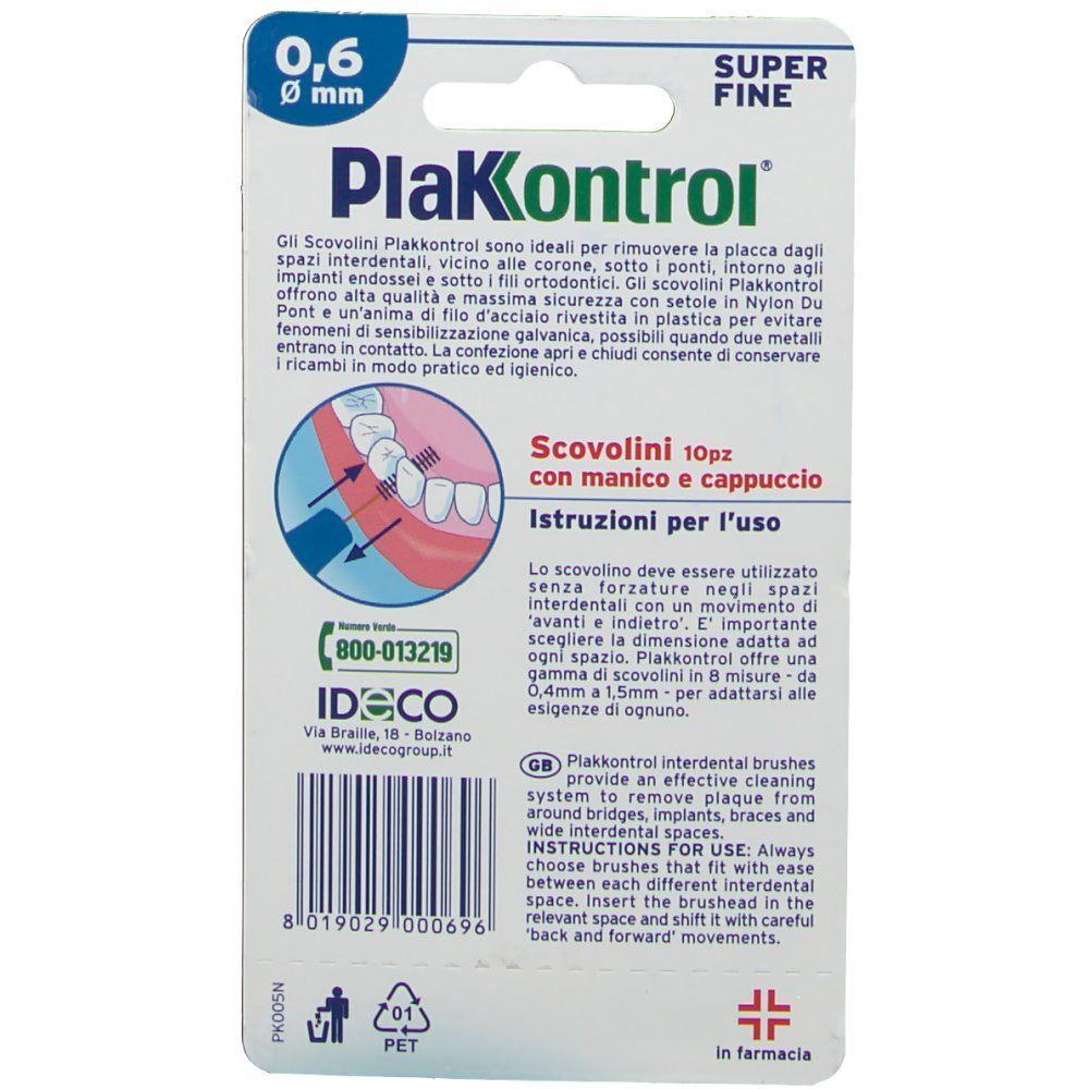 Retro di una confezione di PlakKontrol Scovolini 0,6 mm con informazioni sul prodotto e istruzioni.