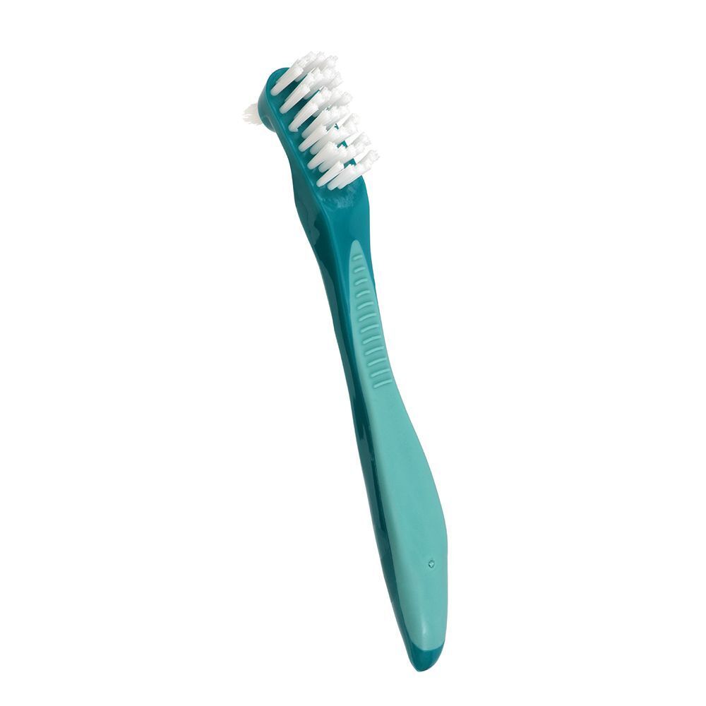 Uno spazzolino per protesi GUM® con manico blu e testina bianca.