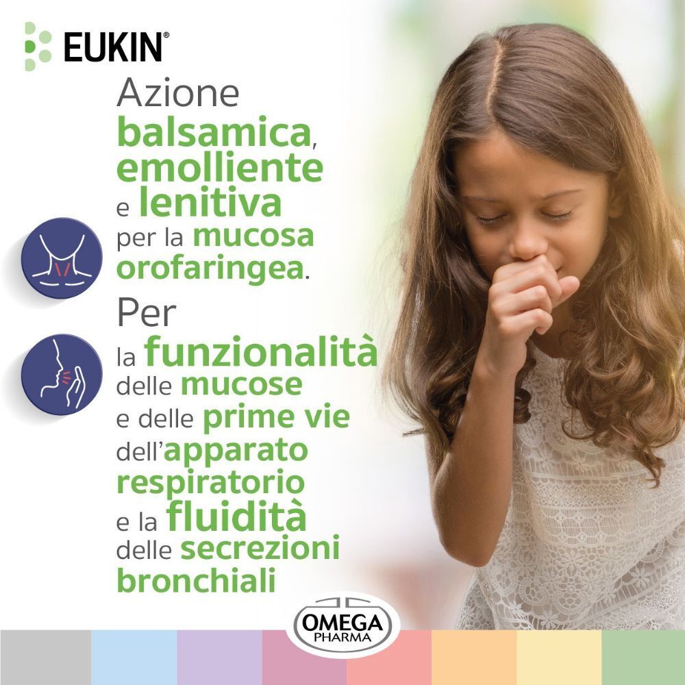 Bambina che tossisce. EUKIN® ha azione balsamica, emolliente e lenitiva per le vie bronchiali.