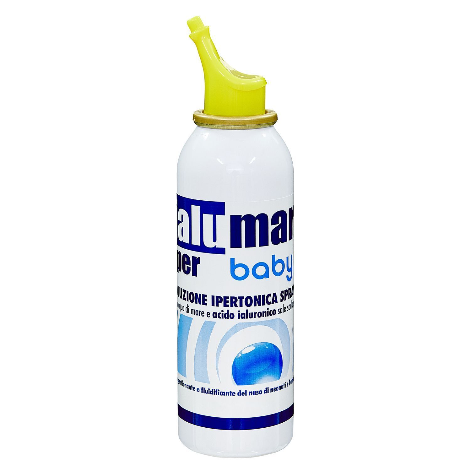 Flacone spray nasale Ialumar Iper Baby con applicatore giallo per neonati e bambini.