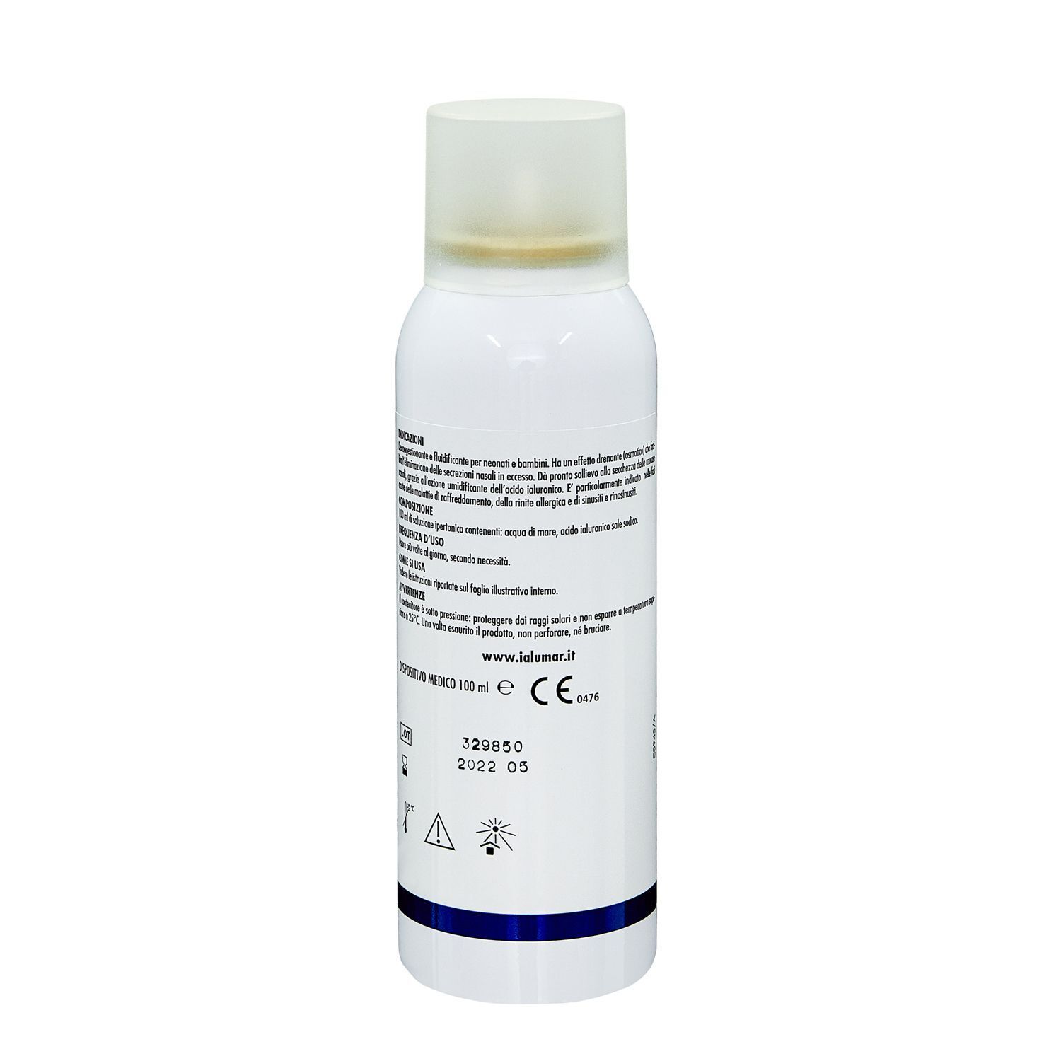 Retro del flacone spray nasale Ialumar Iper Baby con informazioni sul prodotto e marchio CE.