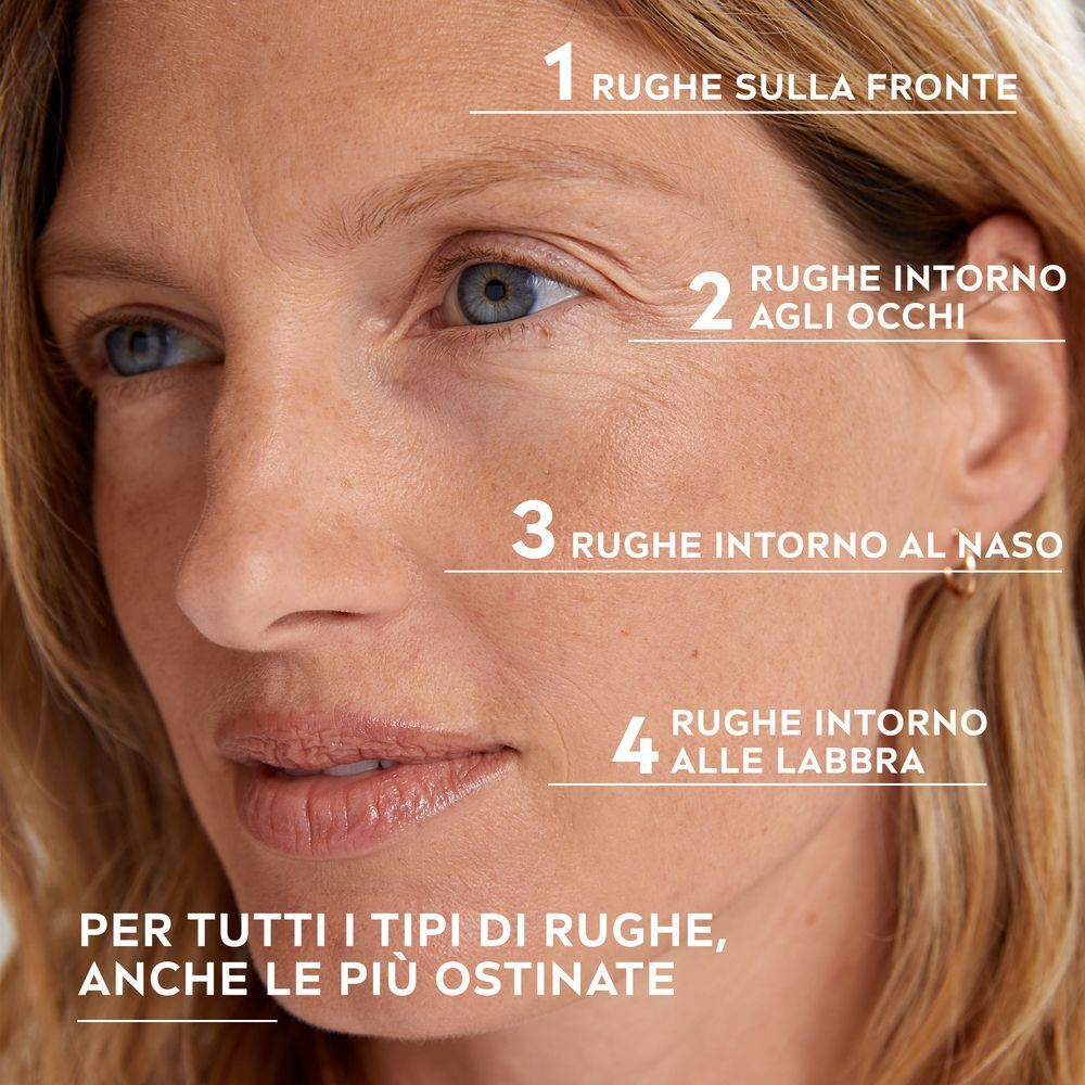 Viso di donna con segni per rughe su fronte, occhi, naso e labbra.