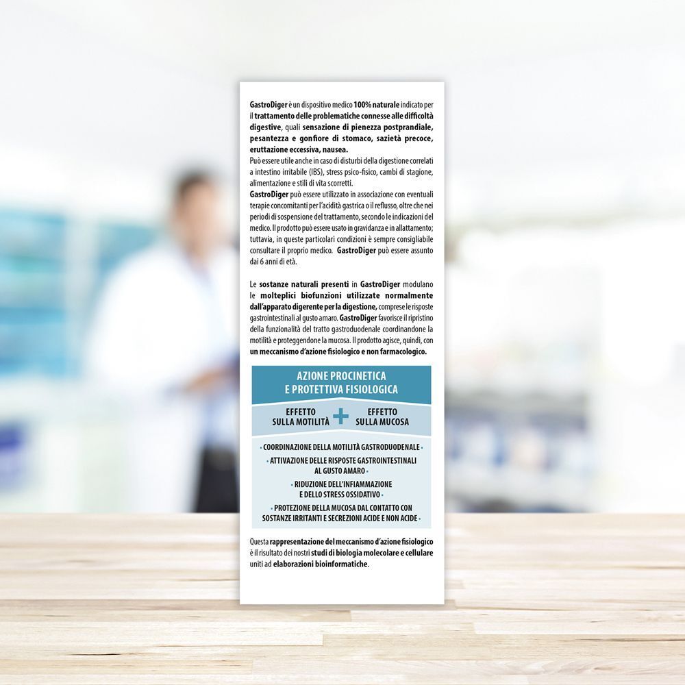 Aboca GastroDiger Sciroppo retro con informazioni sul prodotto e sigilli.