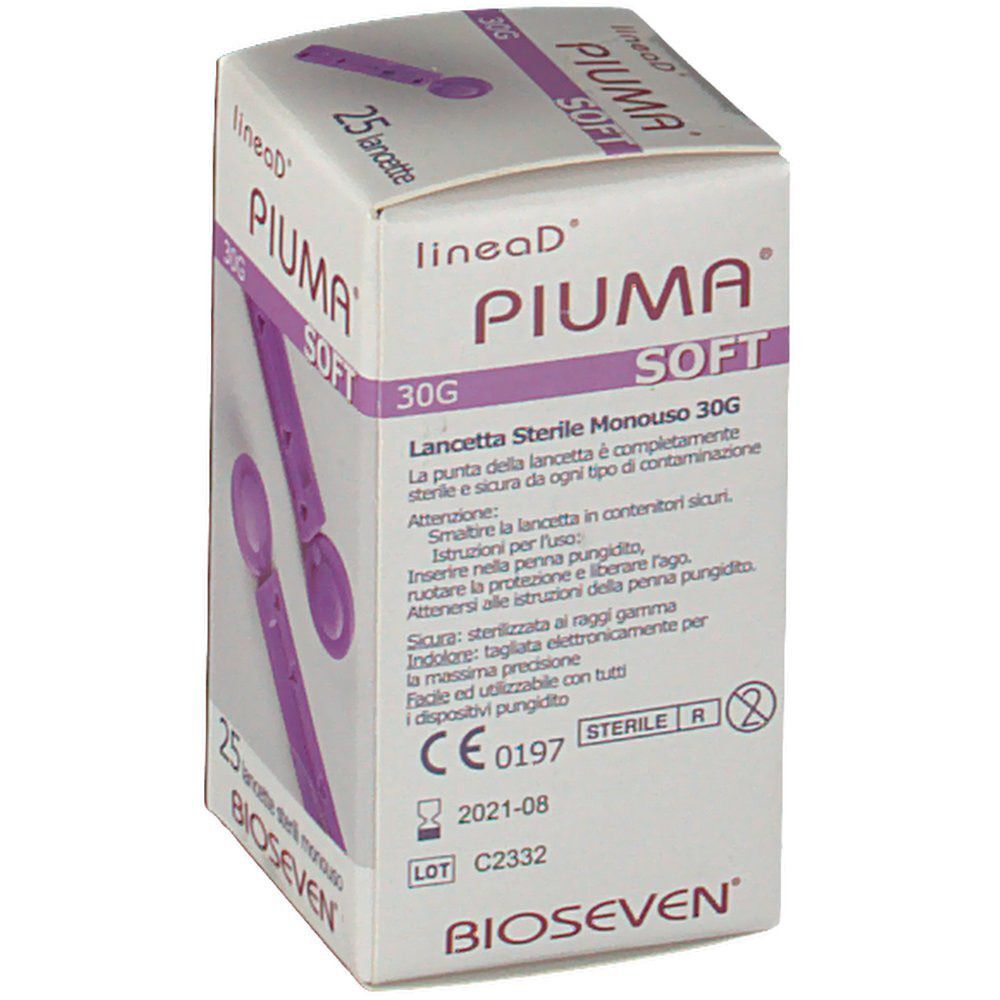 Confezione da 25 lancette sterili monouso 30G, marca Piuma Soft. CE 0197.