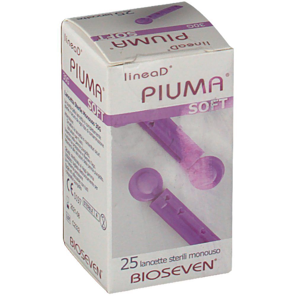 Confezione da 25 lancette sterili monouso 30G, marca Piuma Soft.