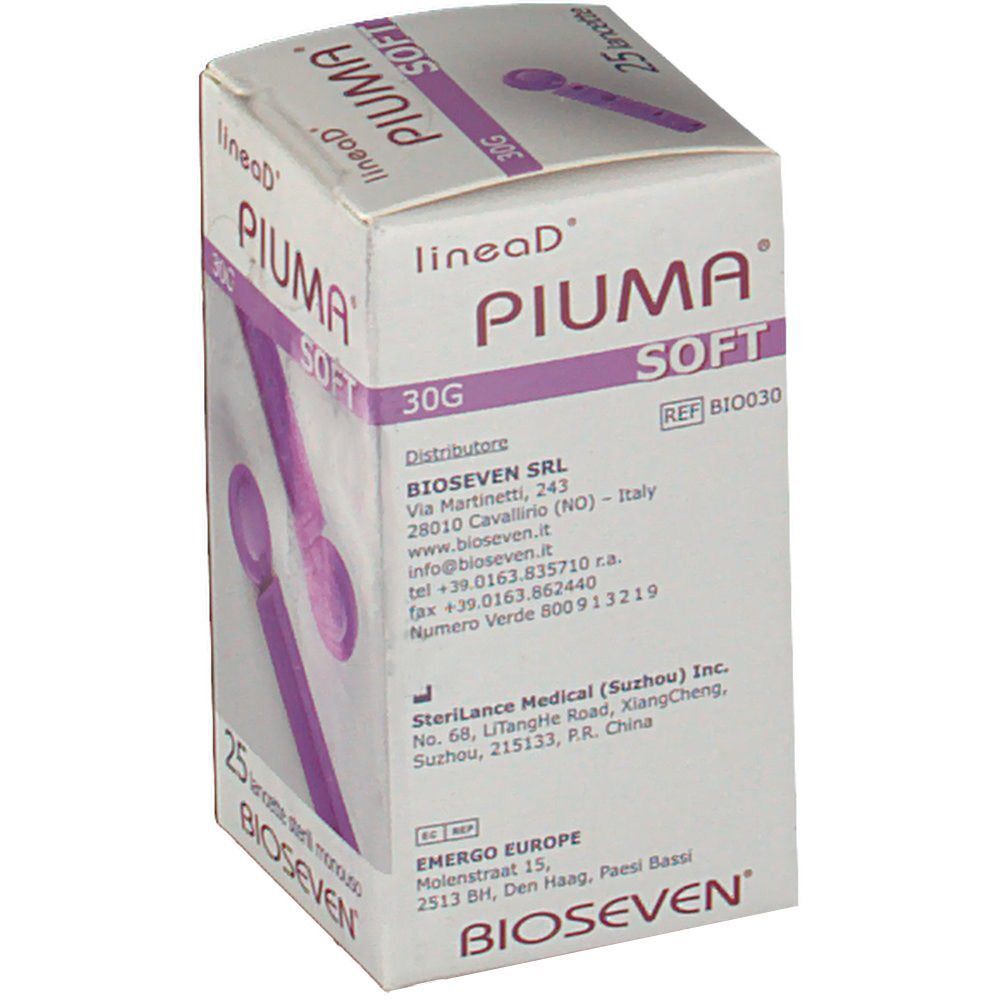 Confezione da 25 lancette sterili monouso 30G, marca Piuma Soft. Informazioni produttore visibili.
