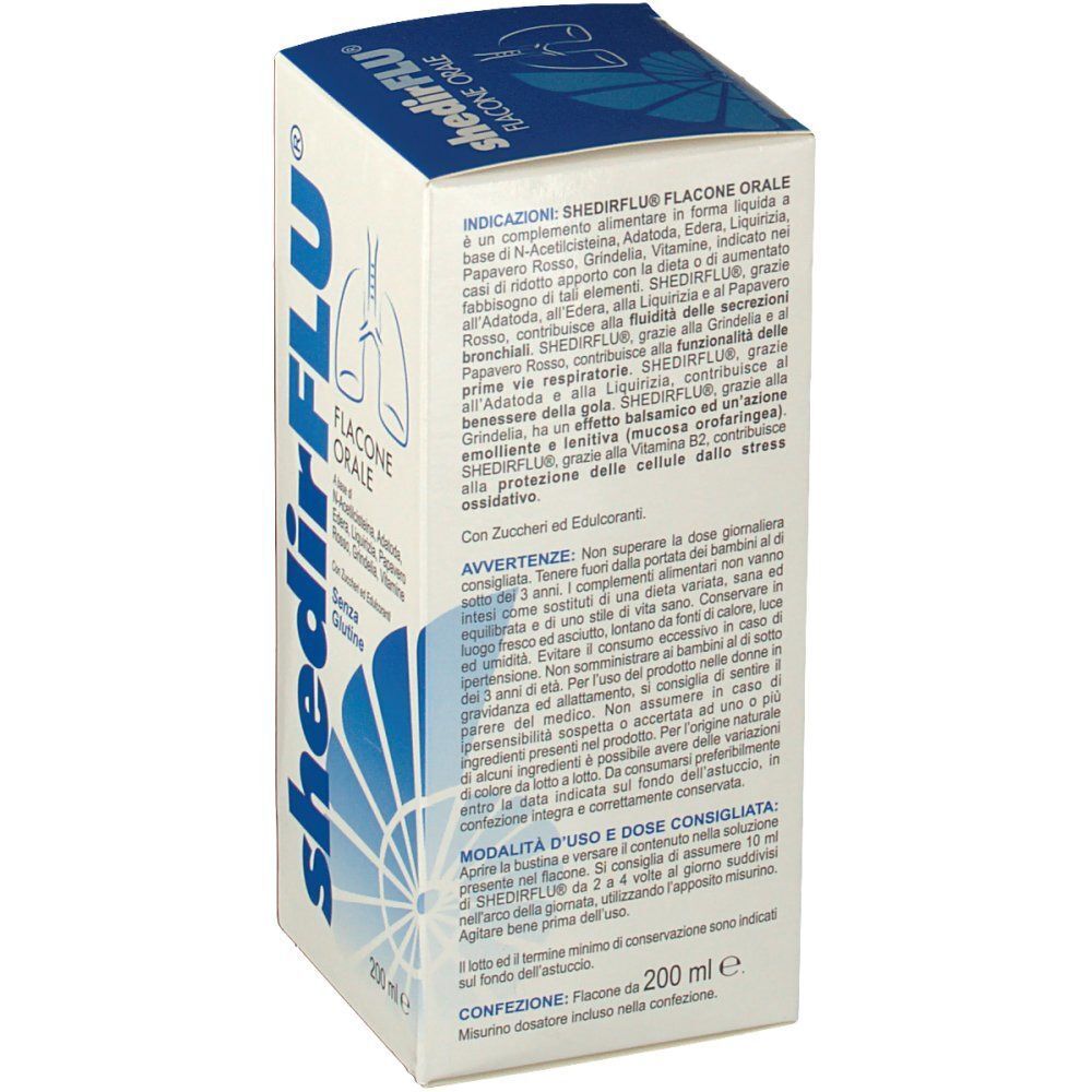 Retro di una scatola Shedirflu Flacone Orale con indicazioni d'uso e ingredienti.