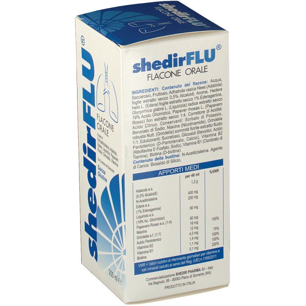 Lato di una scatola Shedirflu Flacone Orale con elenco dettagliato degli ingredienti e tabella nutrizionale.