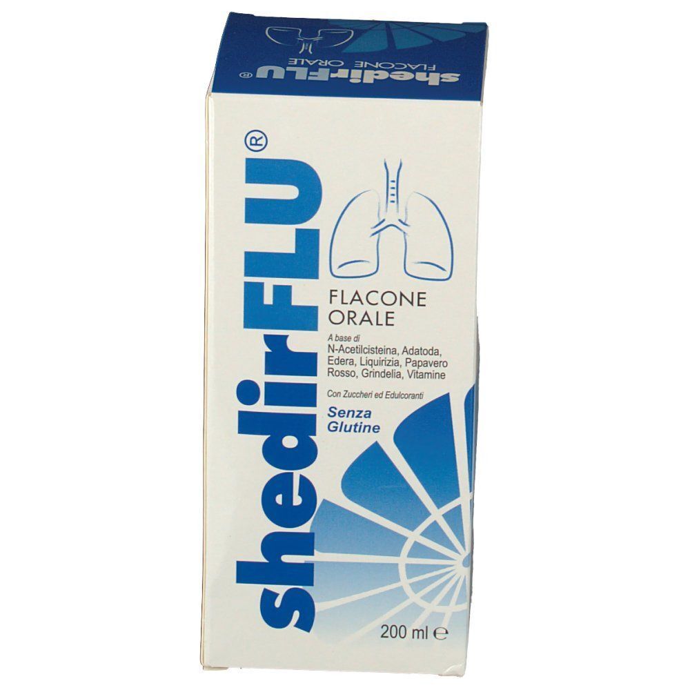 Fronte di una scatola Shedirflu Flacone Orale, 200 ml, con immagine di polmoni ed elementi di design blu.