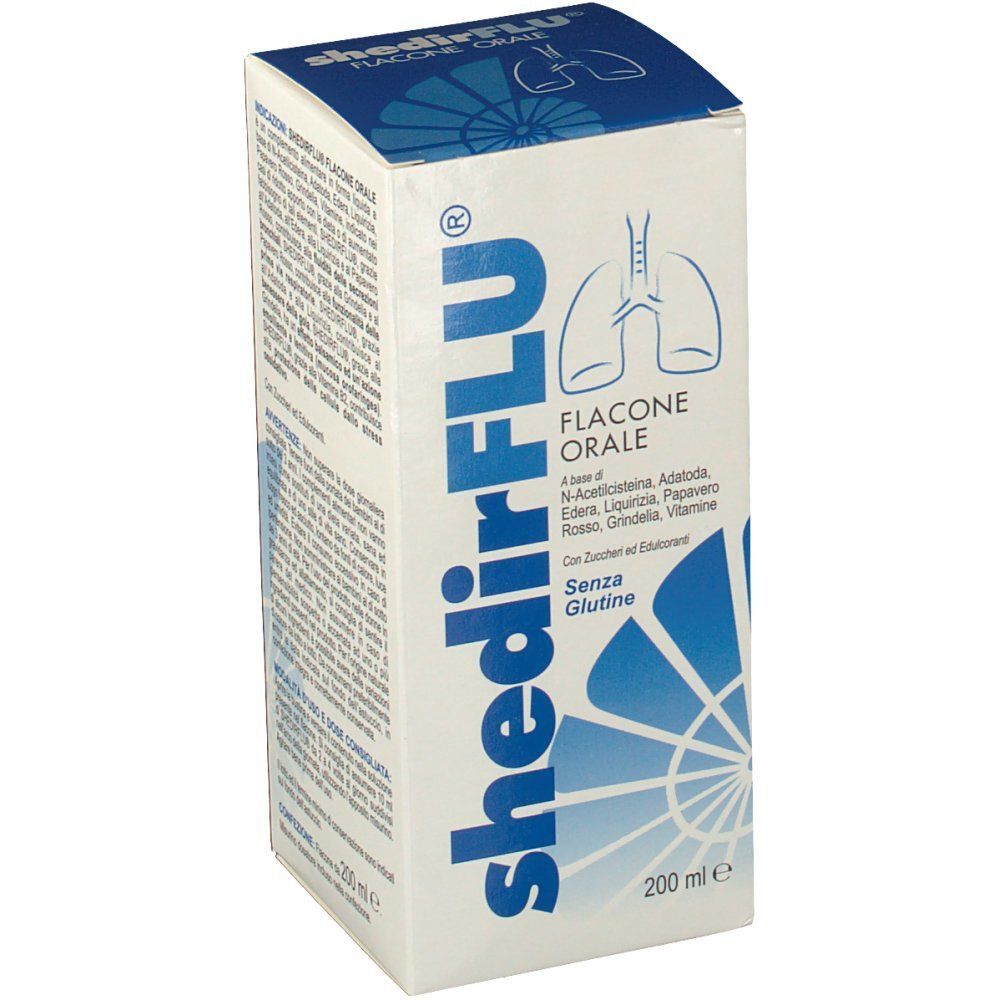 Scatola di Shedirflu Flacone Orale, 200 ml. Vista frontale con illustrazione polmonare e informazioni sul prodotto.