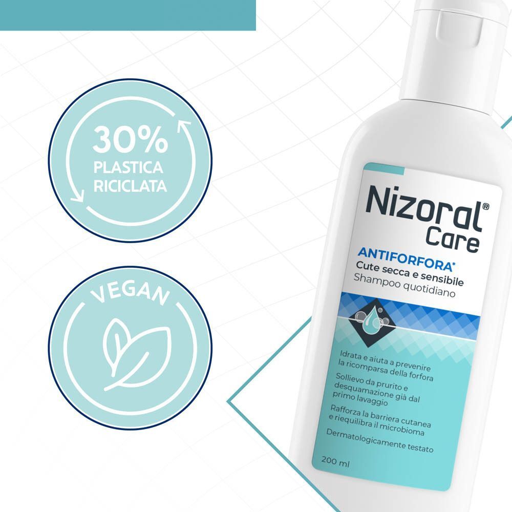 Shampoo Nizoral Care: 30% plastica riciclata, vegan, per cute secca e sensibile.
