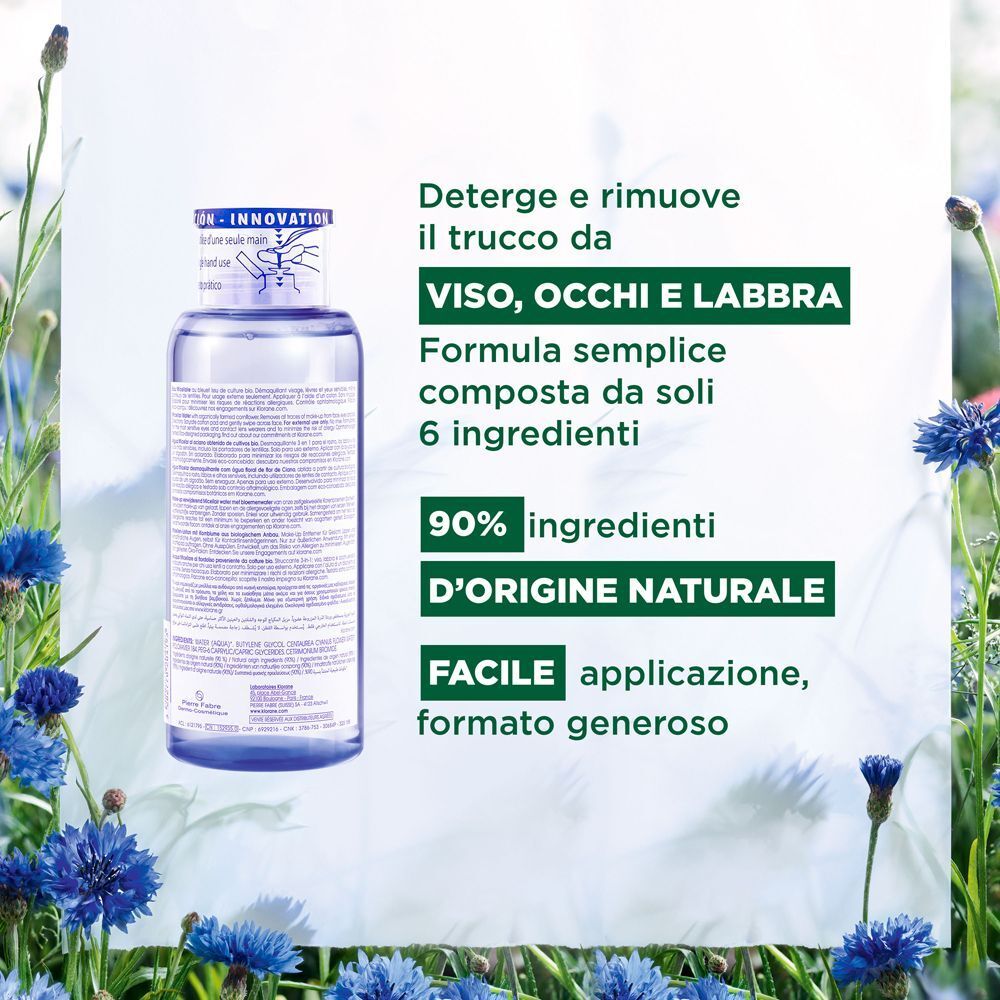 Acqua micellare Klorane fiordaliso bio: deterge viso, occhi, labbra. 90% ingredienti naturali.