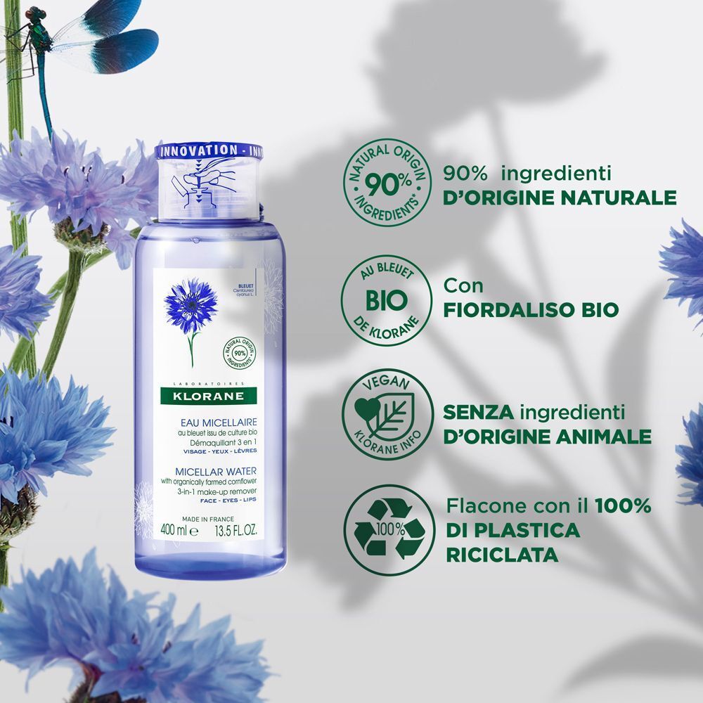 Acqua micellare Klorane fiordaliso bio: 90% ingredienti naturali, vegan, flacone 100% plastica riciclata.