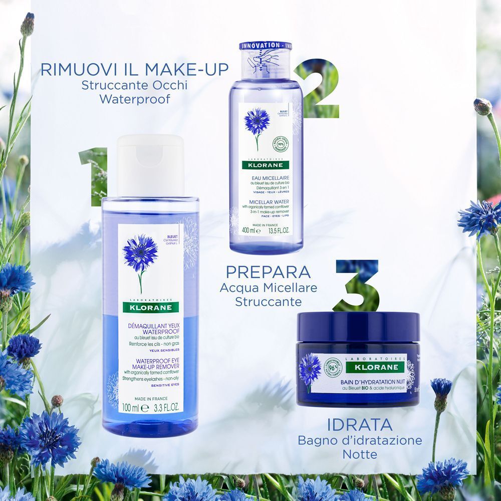 Klorane: Acqua micellare, struccante occhi, bagno idratazione notte. Fiordaliso bio.