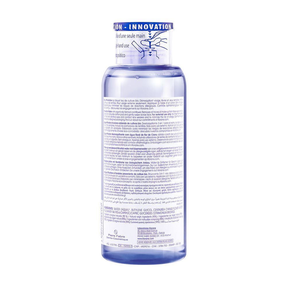 Retro di una bottiglia di acqua micellare Klorane con lista ingredienti e certificazioni.