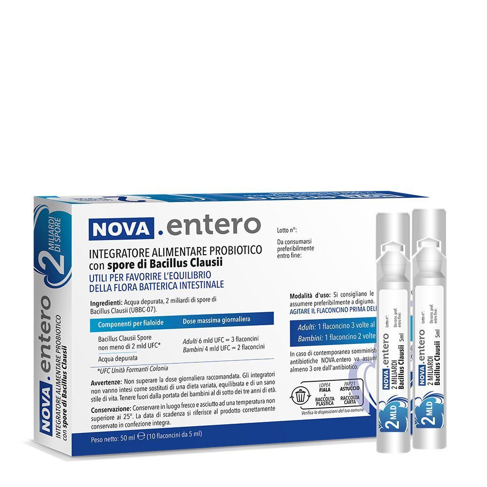 Confezione di NOVA.entero probiotico con spore di Bacillus Clausii e due flaconcini.