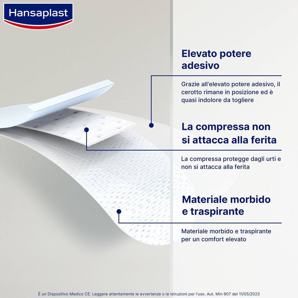 Hansaplast Sensitive 4XL: Forte adesività, compressa non aderente, materiale morbido e traspirante.