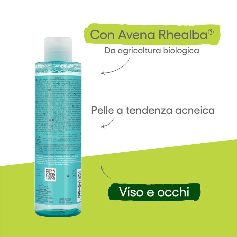 Retro di un flacone A-Derma Biology AC con indicazioni su avena bio e uso viso e occhi.