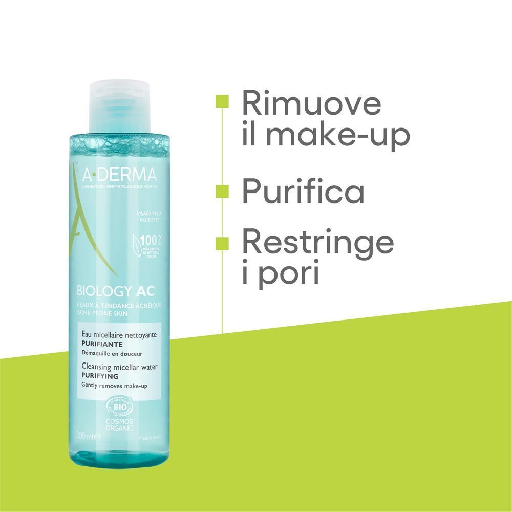 Acqua micellare A-Derma Biology AC: strucca, purifica e restringe i pori.