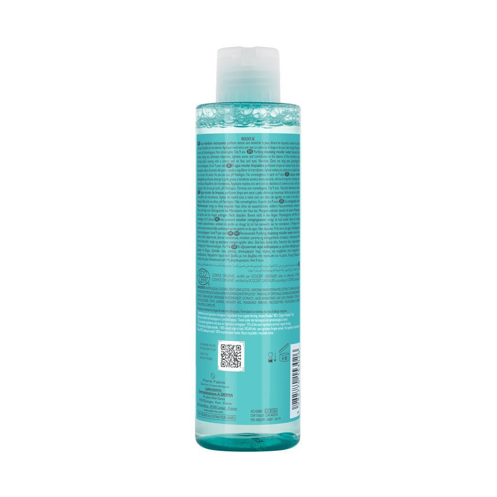 Retro di un flacone di acqua micellare purificante A-Derma Biology AC. Con istruzioni e codice QR.