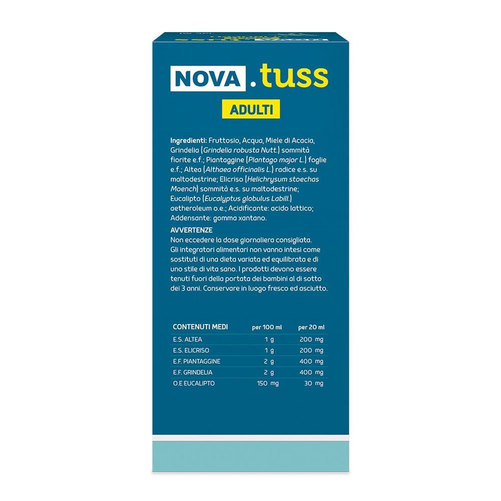 Retro di una confezione di NOVA.TUSS Sciroppo Adulti con elenco ingredienti e avvertenze.