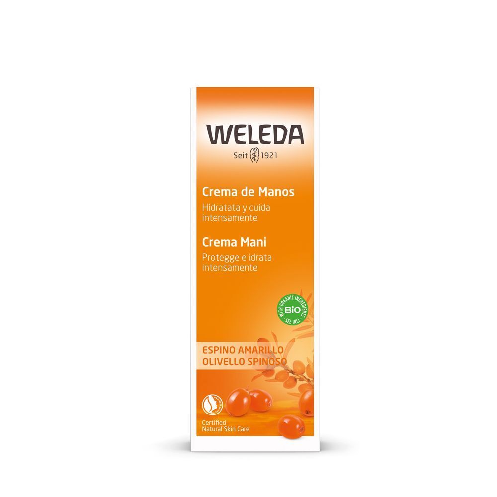 Confezione di crema mani all'olivello spinoso, arancione. Logo Weleda e sigillo BIO visibili.