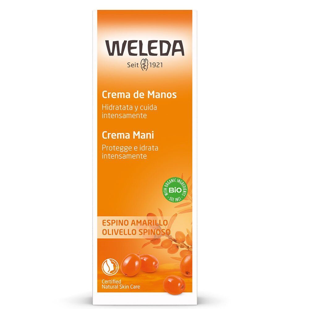 Confezione di crema mani all'olivello spinoso, arancione. Logo Weleda, sigillo BIO e 'Certified Natural Skin Care'.