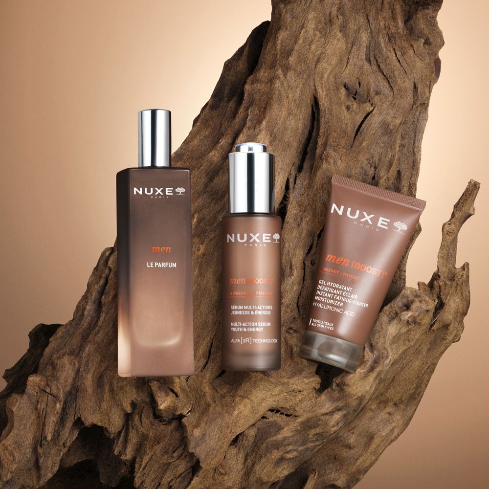 Nuxe Men Le Parfum, Siero Boost Nuxe Men e Gel Idratante Viso Energizzante Nuxe Men.