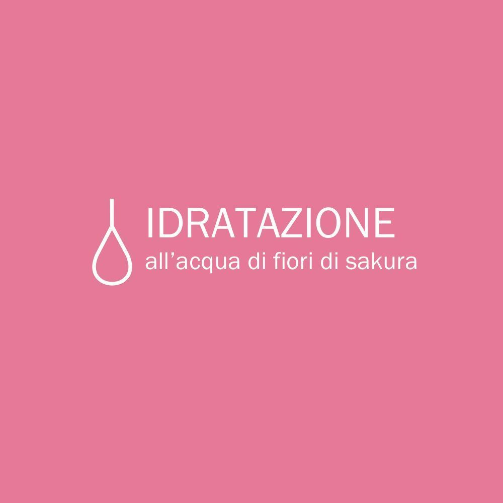 Sfondo rosa con grafica a goccia bianca e testo 'IDRATAZIONE all'acqua di fiori di sakura'.