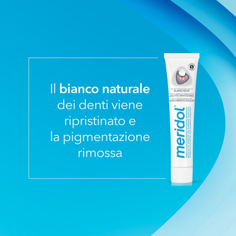 Tubetto di dentifricio Meridol® accanto a un testo sul ripristino del colore naturale dei denti.