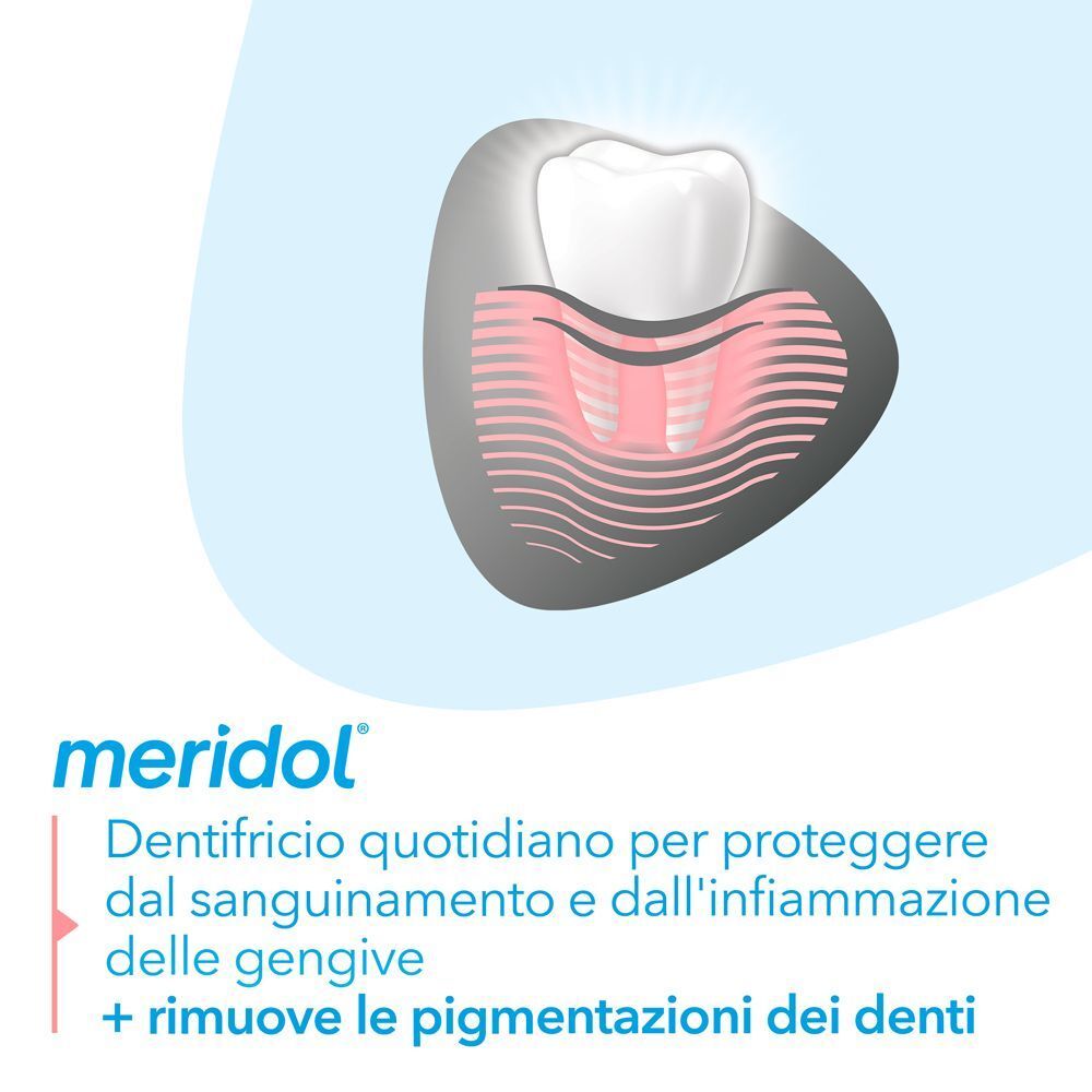 Grafica di gengive e denti, descrizione dentifricio Meridol®.