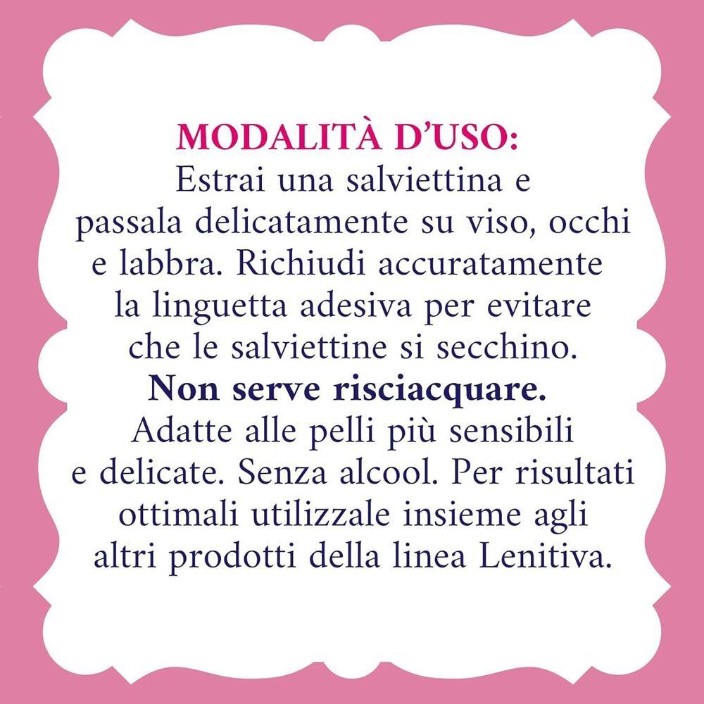 Istruzioni d'uso per salviettine struccanti lenitive, senza risciacquo.